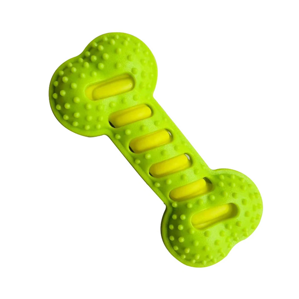 Green and yellow bone-shaped chew toy isolated on a white background