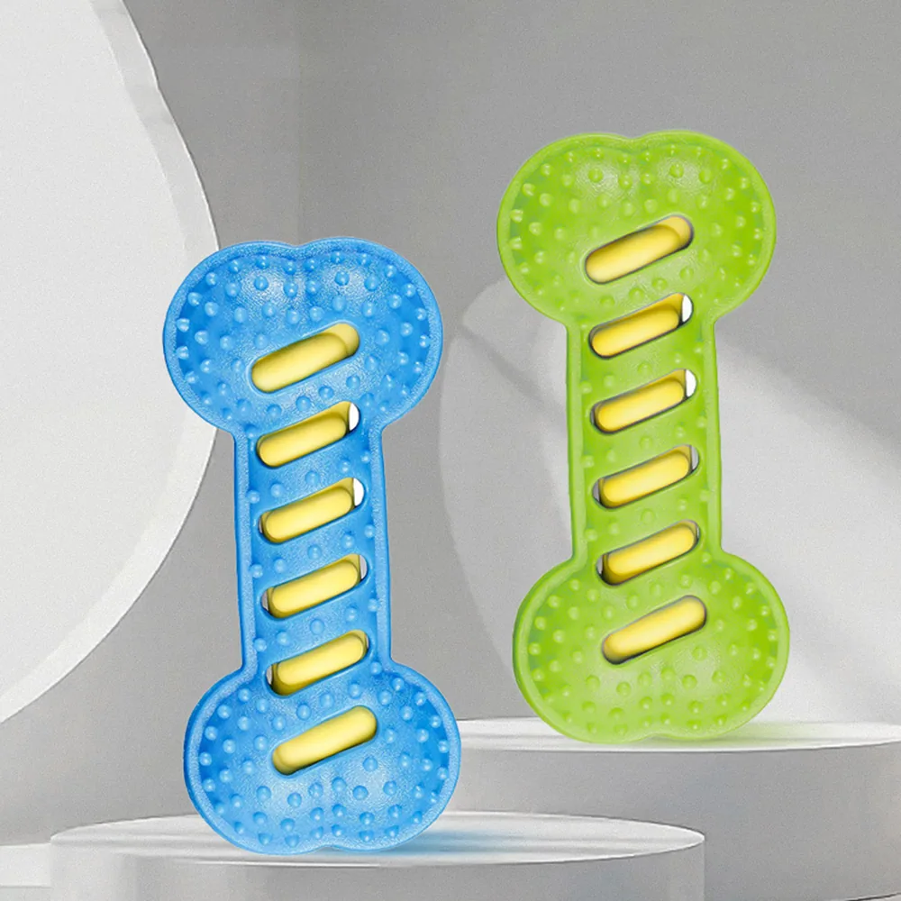 Blue and green bone-shaped silicone laundry pet hair remover sticks displayed on white podiums
