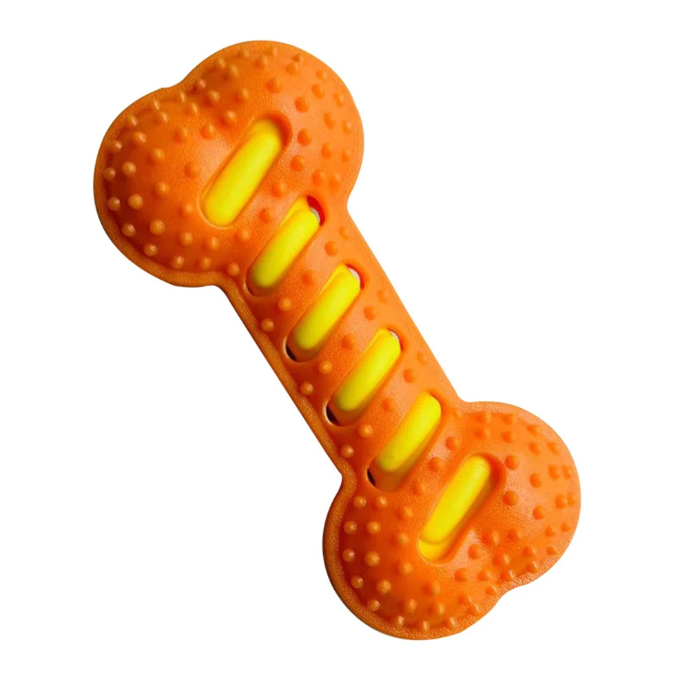 Orange and yellow rubber bone-shaped dog chew toy with textured surface