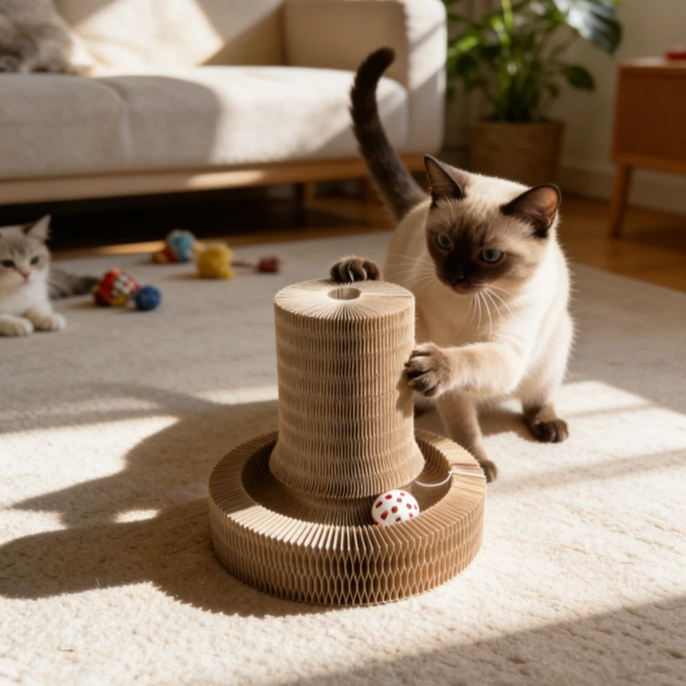 Siamese cat playing with a cardboard honeycomb scratching toy on a living room rug.