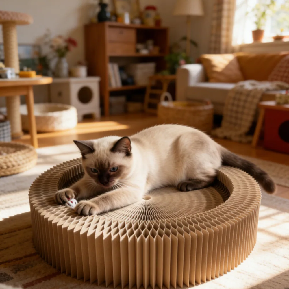 A light-colored cat with dark points rests on a circular honeycomb cardboard pet bed.