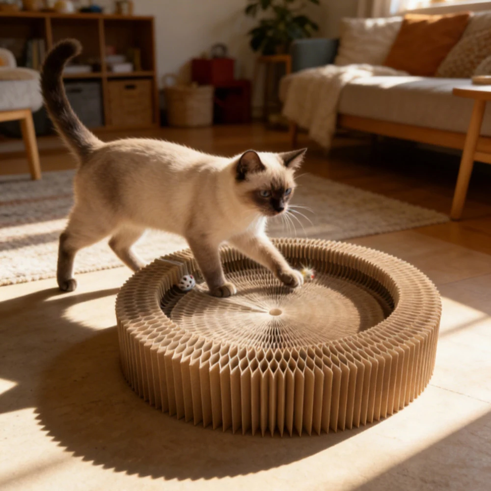 Siamese cat playing with a circular corrugated cardboard scratching pad in a living room.