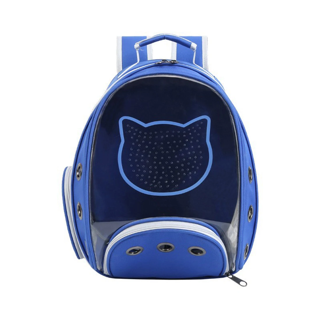 Blue pet carrier backpack with clear front window and cat face design