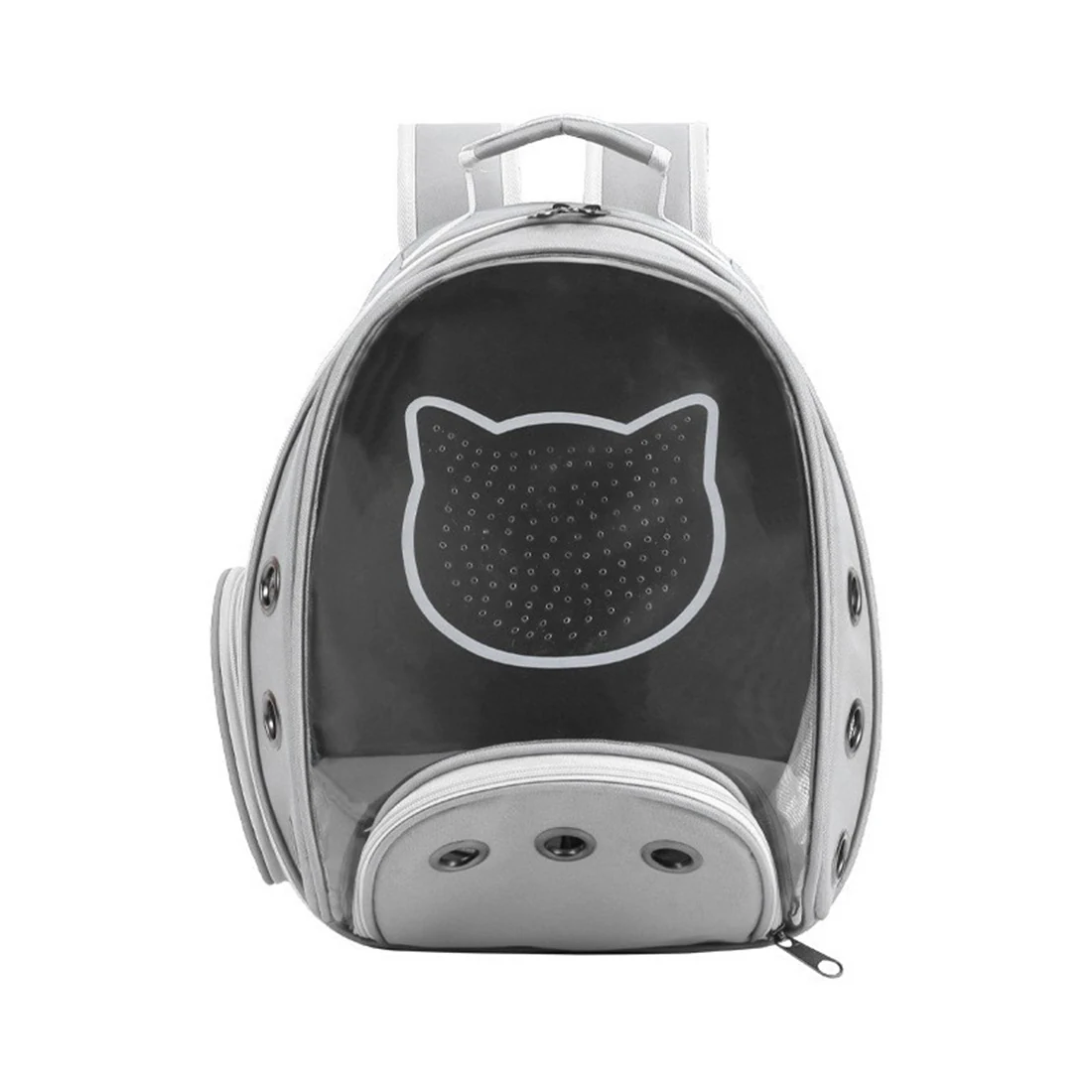 Grey pet backpack carrier with clear dome window and ventilation holes