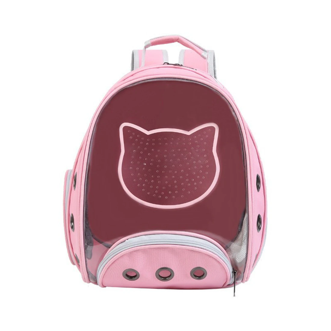 Pink pet carrier backpack with a transparent front bubble window shaped like a cat face and ventilation holes.