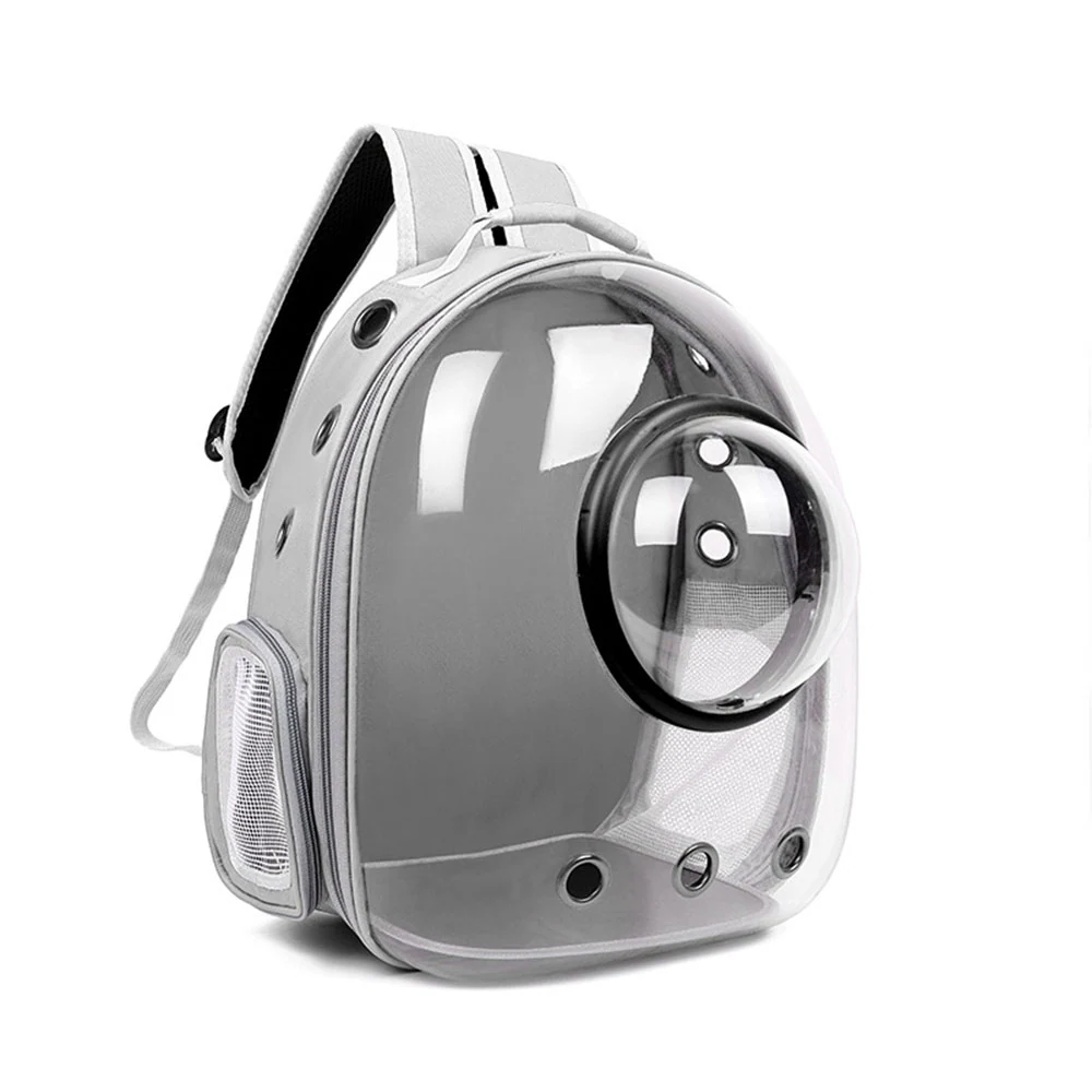 Grey backpack with a clear bubble dome and mesh ventilation panels