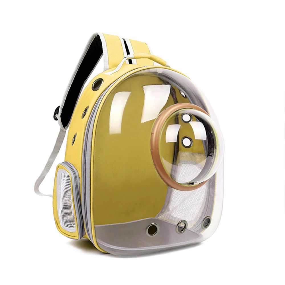 Yellow pet carrier backpack with clear bubble dome and mesh side panel