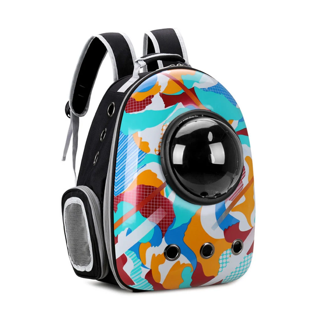 Colorful patterned backpack featuring a large clear bubble window and side mesh panel.