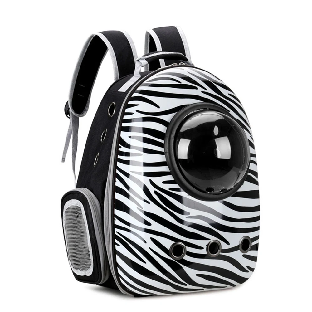Zebra print pet carrier backpack with a clear bubble window