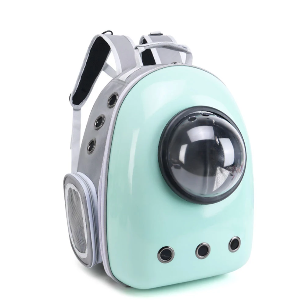 Mint green bubble backpack pet carrier with clear dome window and grey straps.