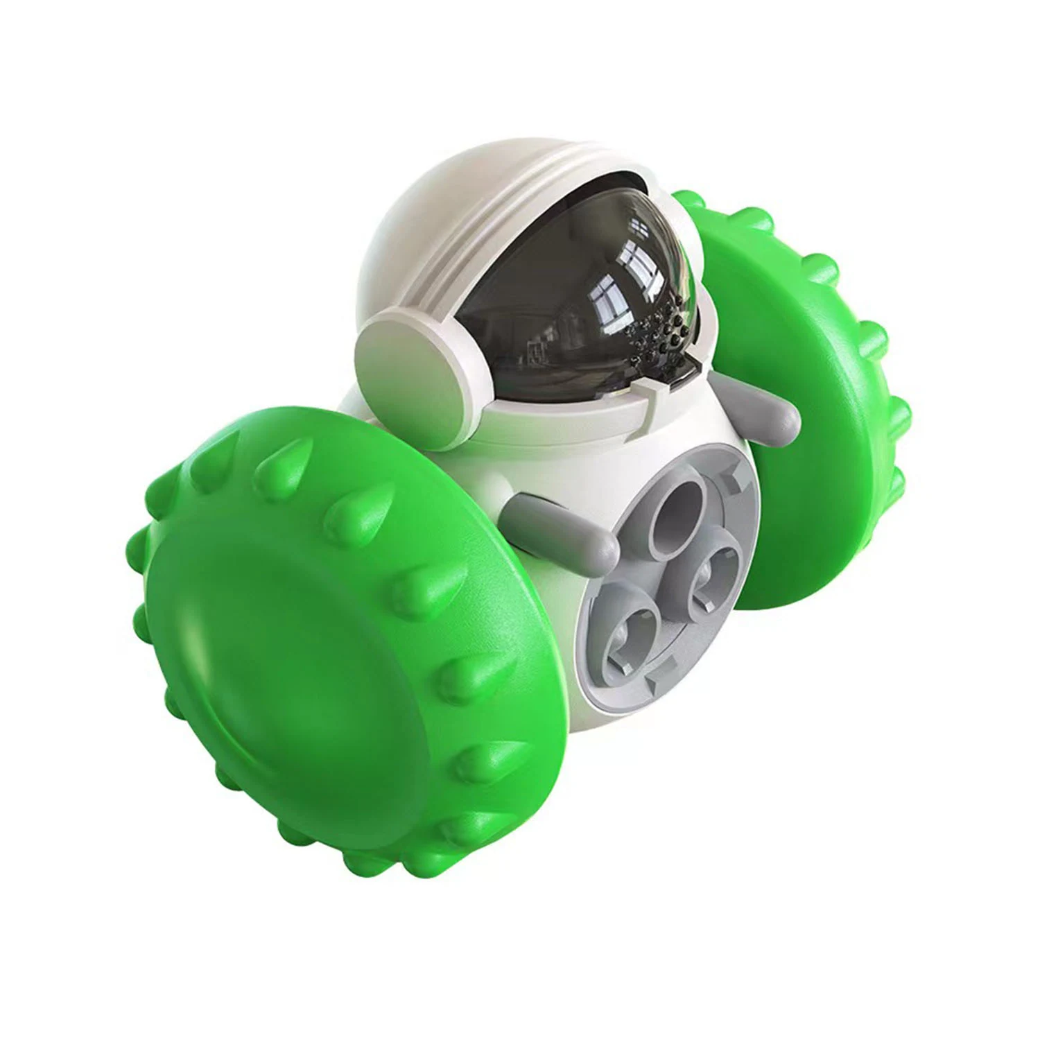 3D render of a toy vehicle with green studded wheels and a clear dome.