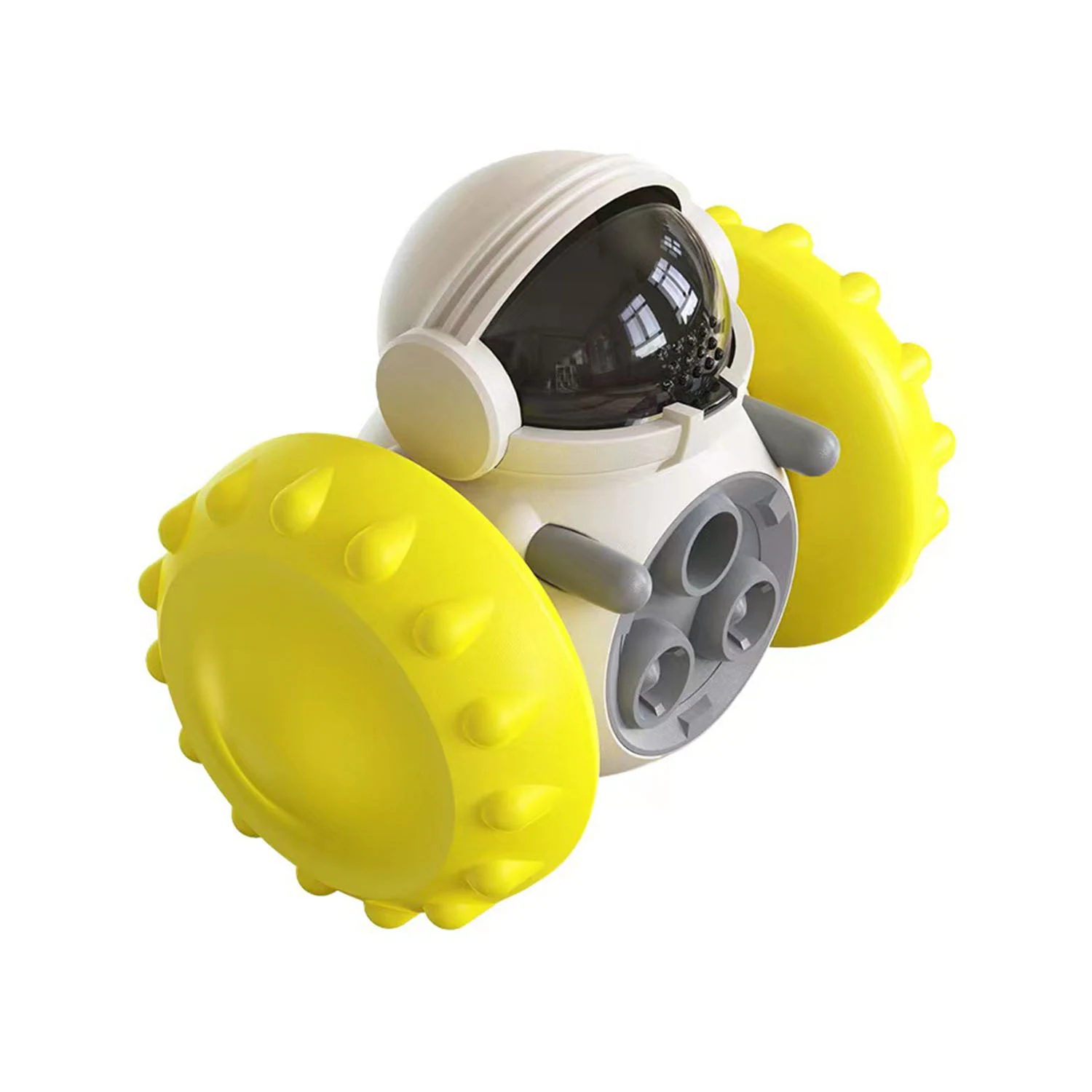 Toy robot with an astronaut helmet and large yellow bumpy wheels on a white background