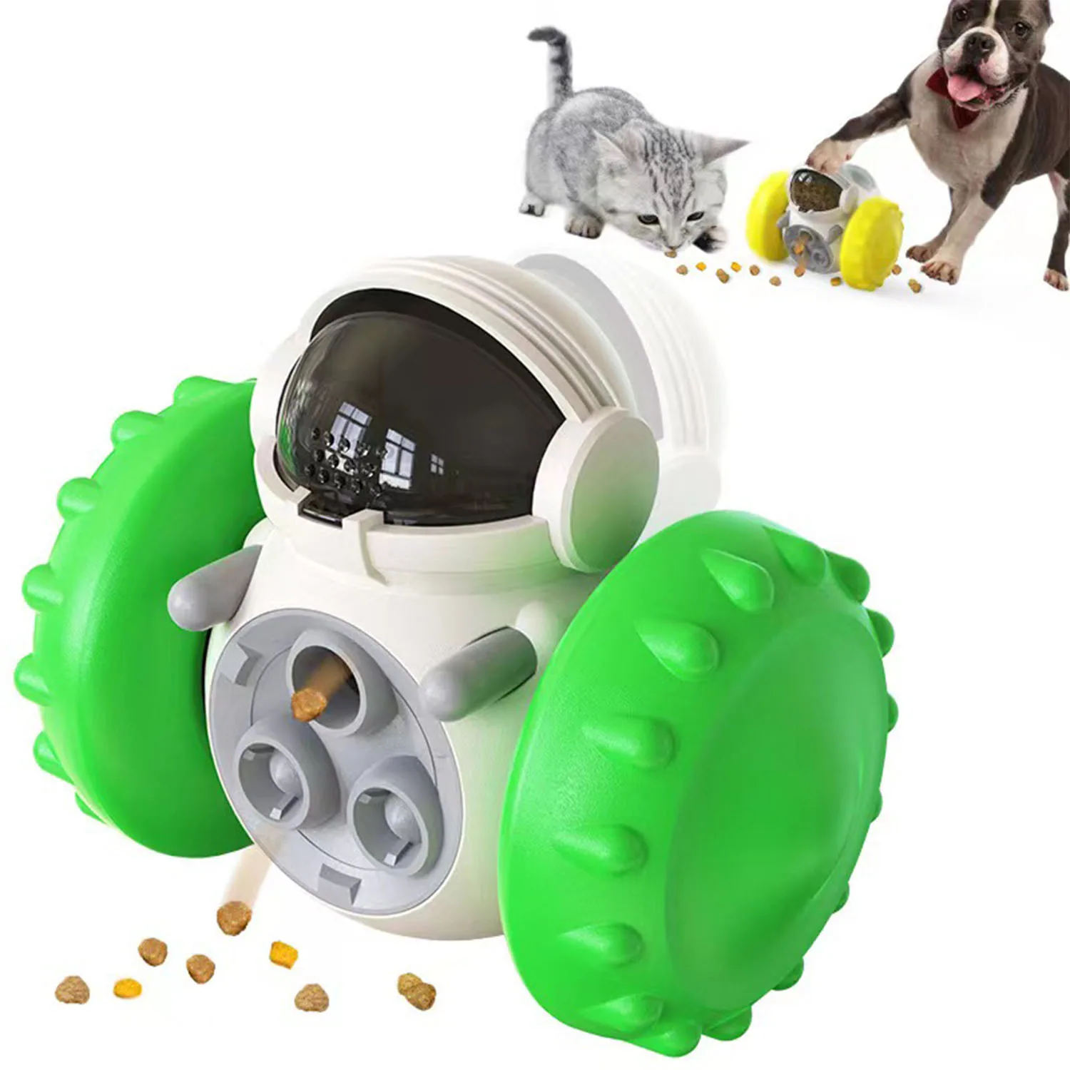A white and green plastic interactive pet treat dispensing toy with wheels.