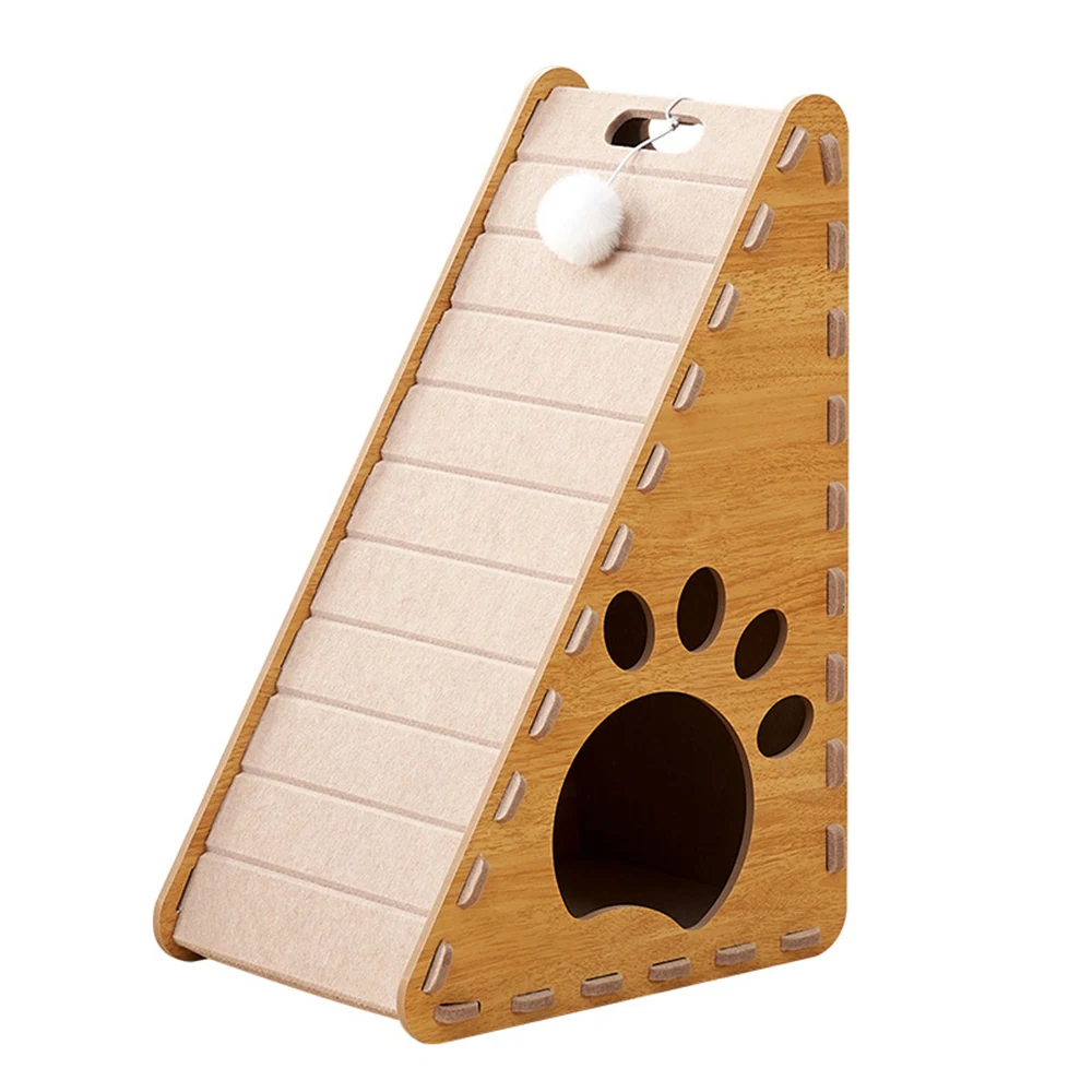 Triangular wooden cat scratching ramp with carpeted incline and paw-shaped side cutouts