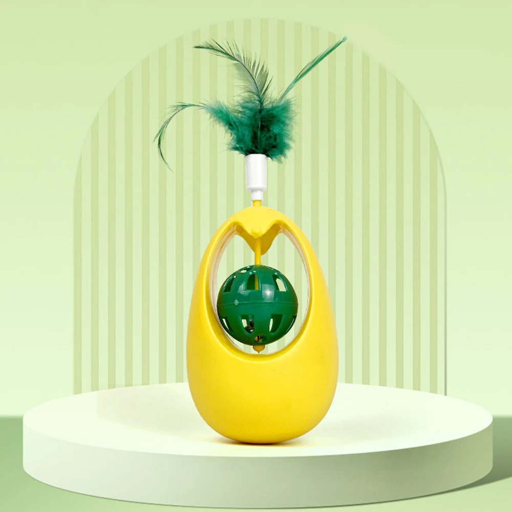 Yellow and green pet toy with a spinning ball and feather attachment