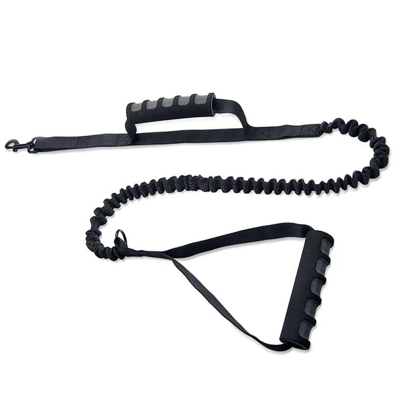 Black dog bungee leash with padded handles and metal clip on white background
