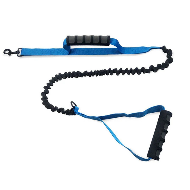 Blue and black shock-absorbing dog leash with foam handles and metal clip on white background
