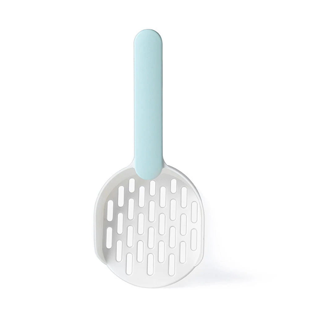 A white plastic cat litter scoop with a light blue handle