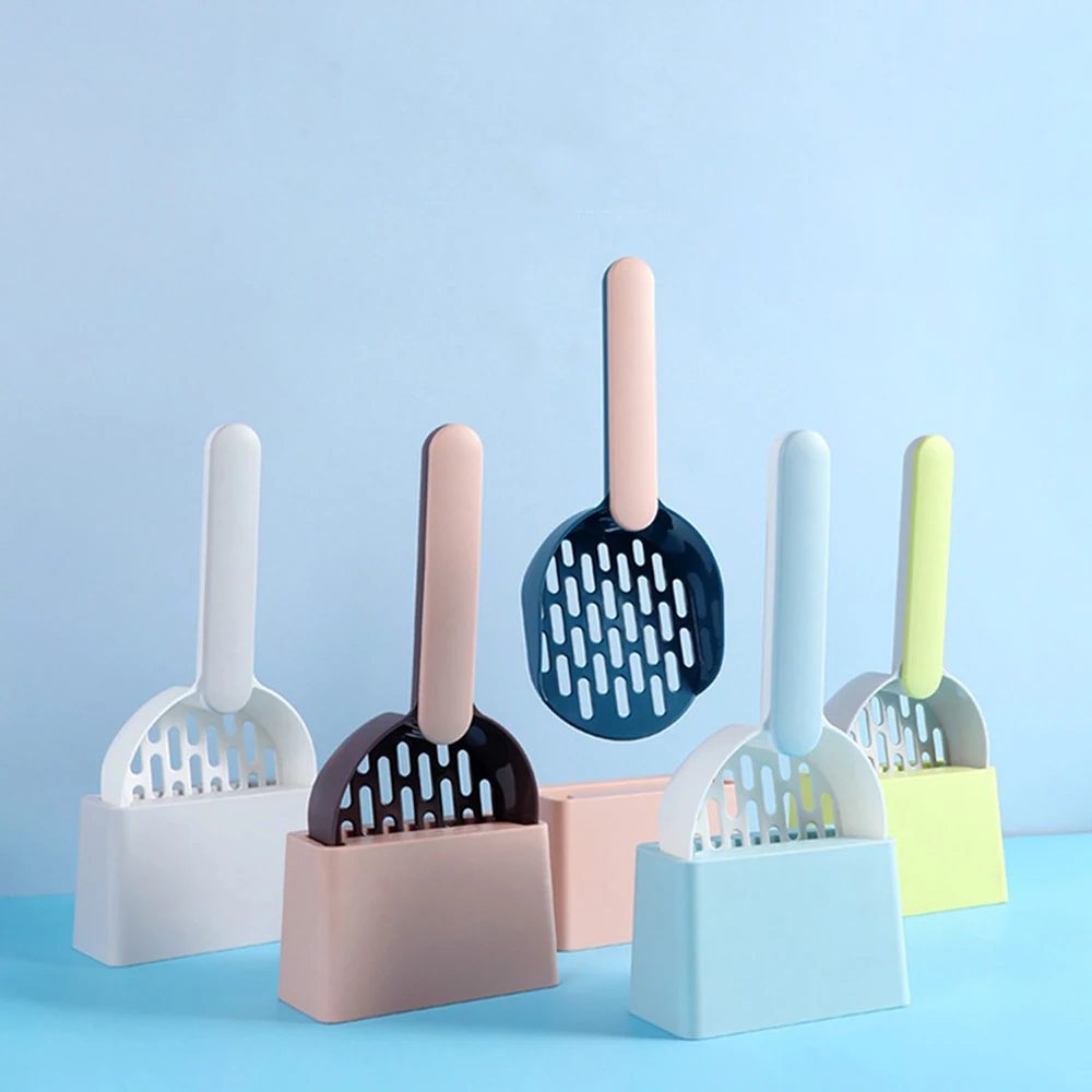 Set of five colorful plastic cat litter scoops with attached dustpans