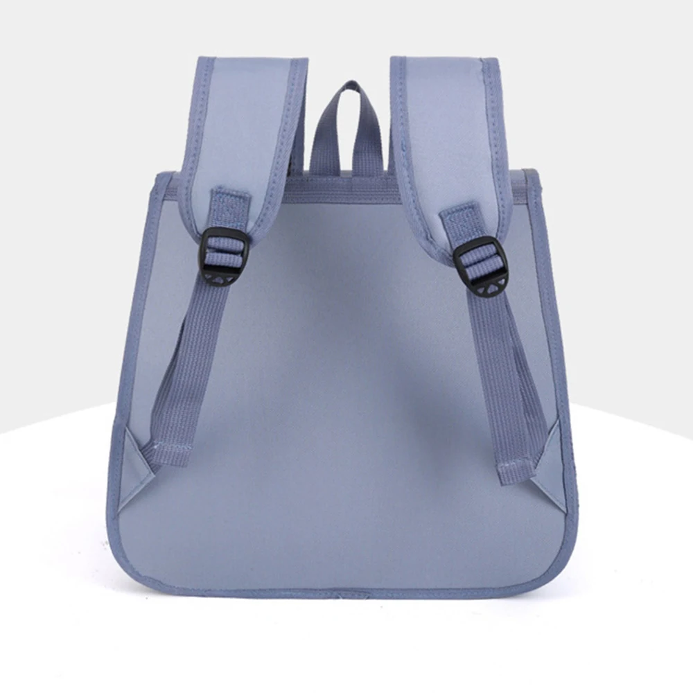 Rear view of a light blue backpack showing shoulder straps and adjustment buckles