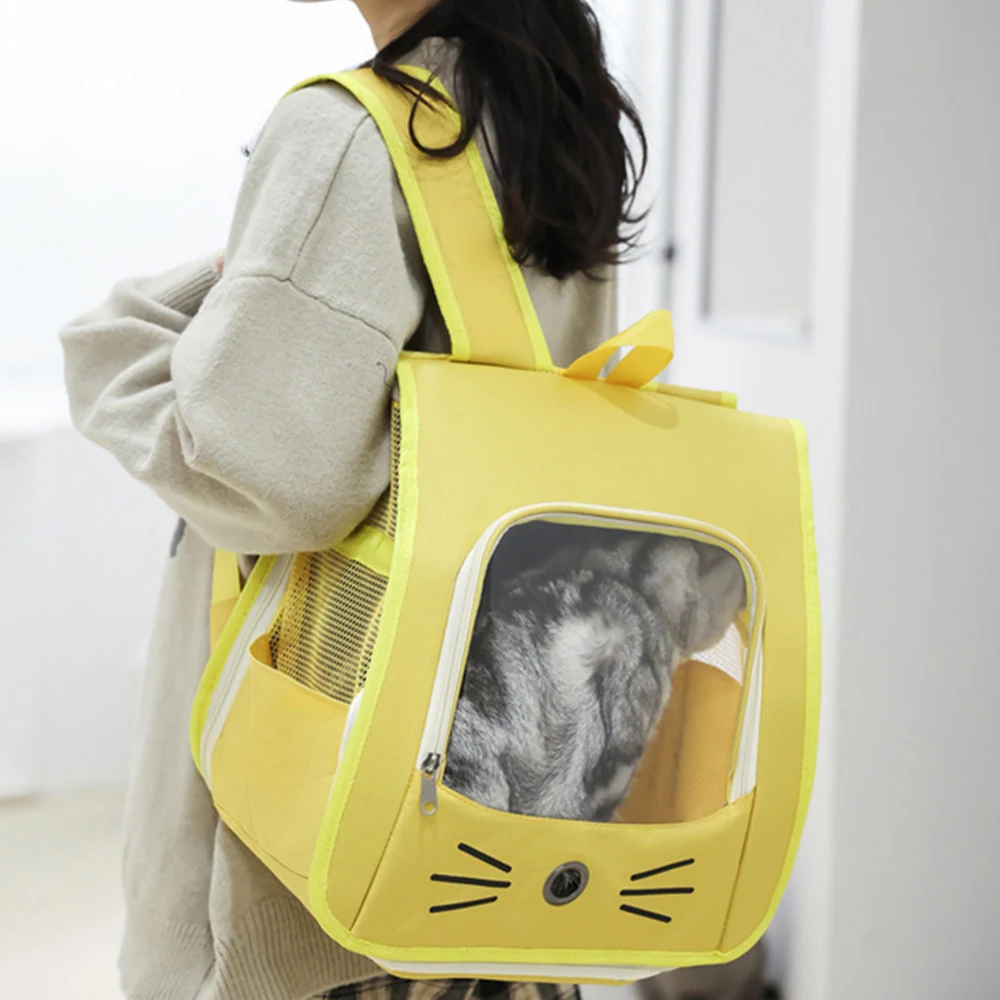 A person wearing a yellow pet carrier backpack with a cat visible through the front window.