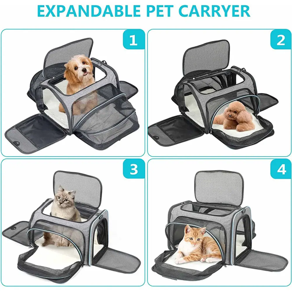 Collage of four expandable pet carriers containing dogs and cats, with text at the top.