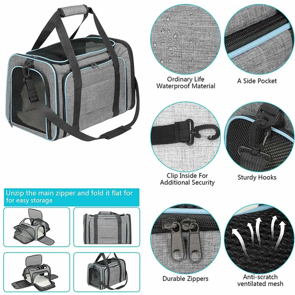 Grey pet carrier bag with blue trim shown with detail close-ups of material, zippers, hooks, and mesh.