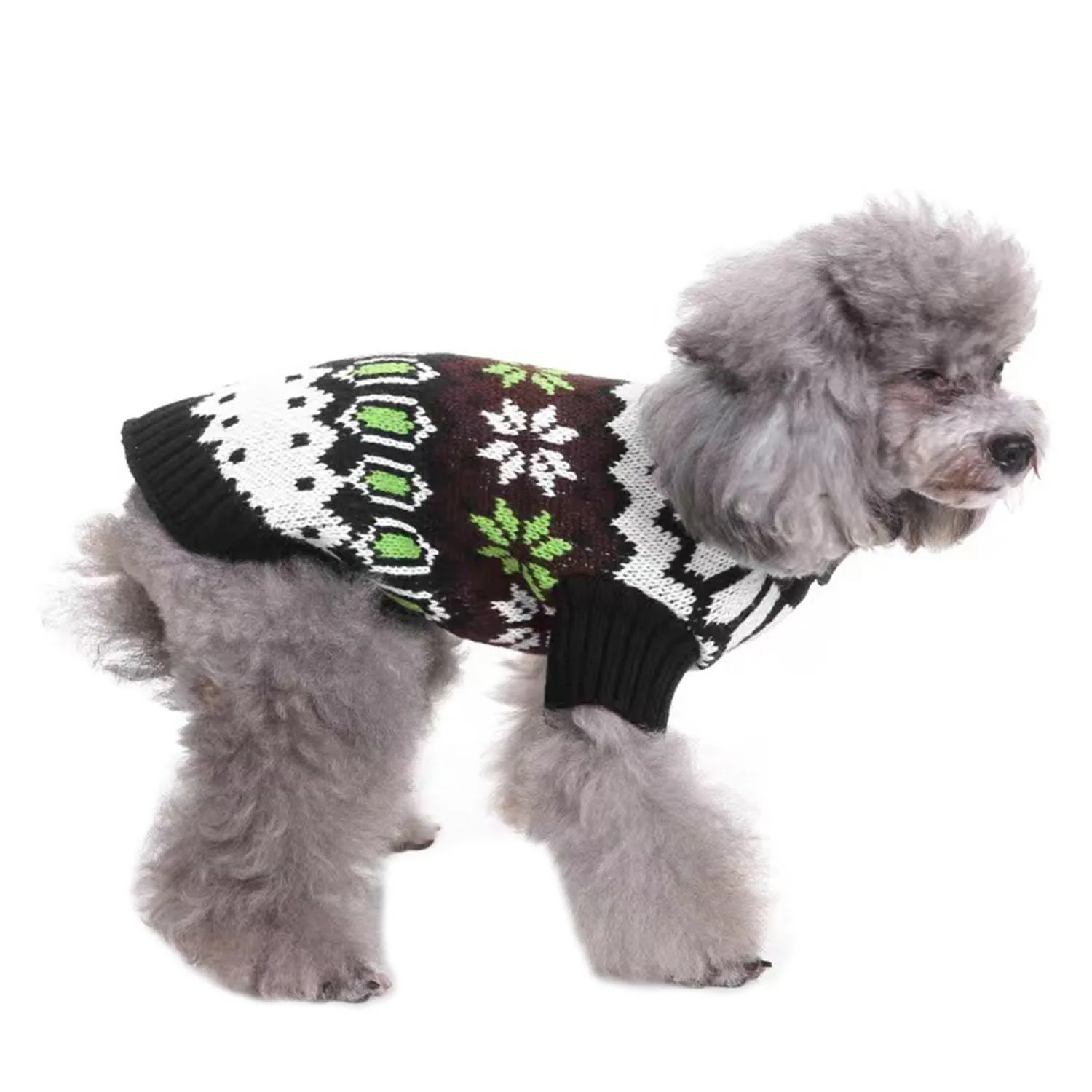 Gray poodle wearing a festive black, white, and green knitted sweater with snowflake patterns