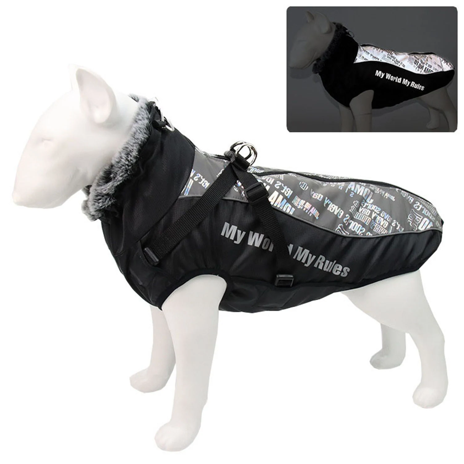 Black and grey dog coat with reflective strips and text worn by a white mannequin.