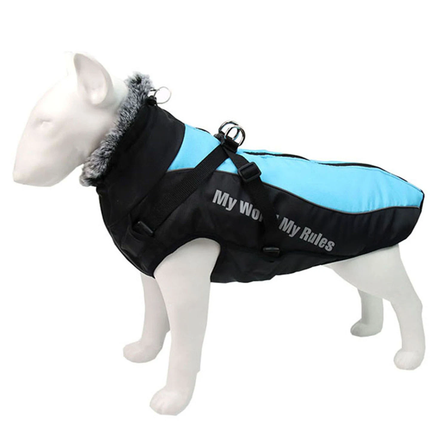 A black and light blue dog jacket with fur collar and text displayed on a white mannequin.