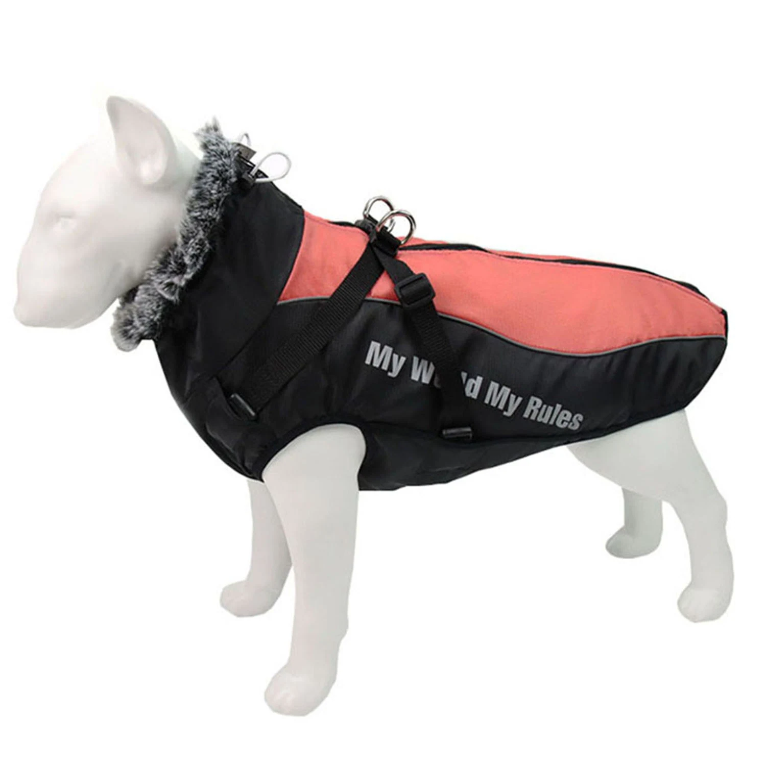 Black and pink dog coat with faux fur collar displayed on a white mannequin.