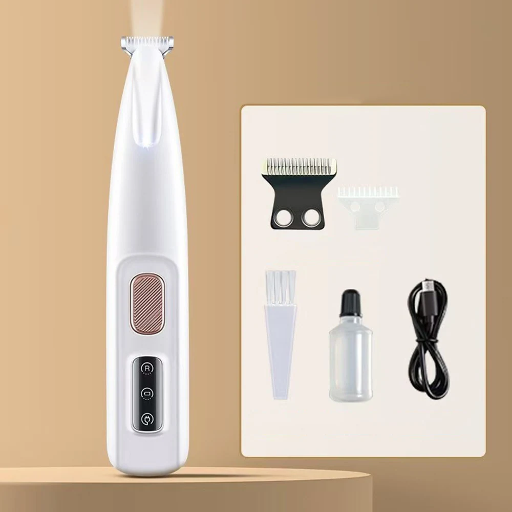 White electric hair trimmer with accessories including blades, brush, oil bottle, and USB charging cable