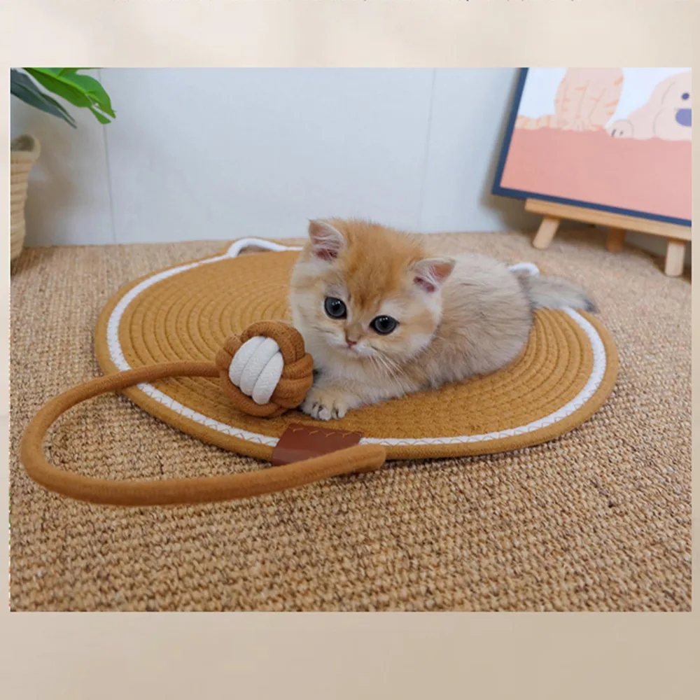 Small orange kitten on a round woven mat with a rope ball toy attached.