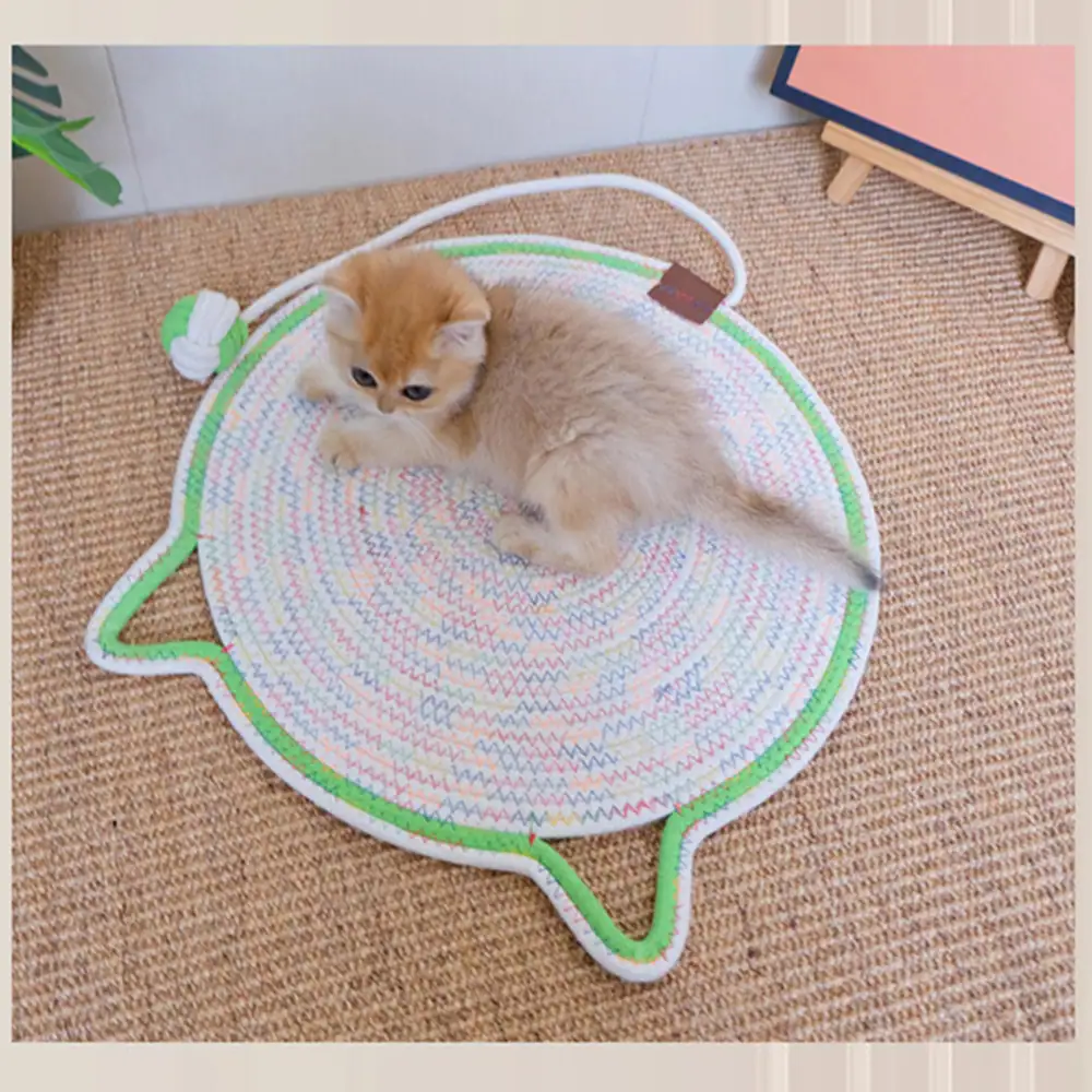 Golden kitten playing on a round, woven cat mat with green ears and a white handle.