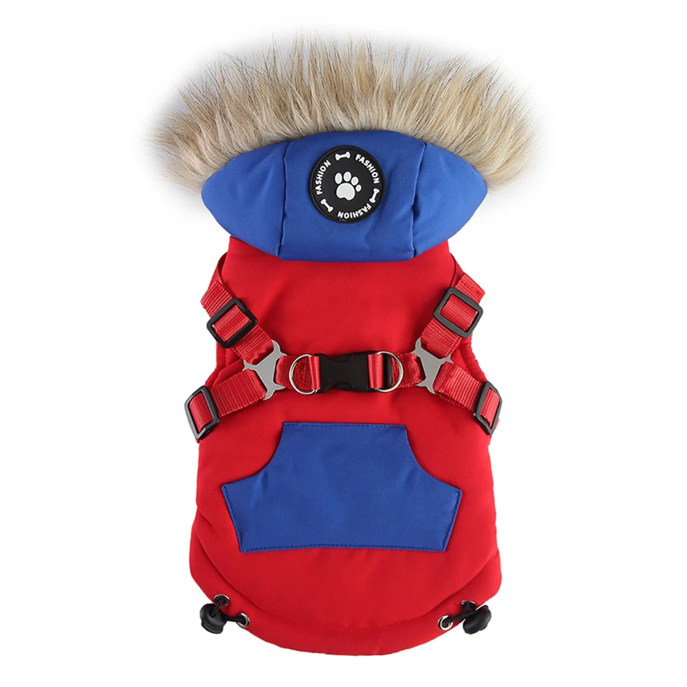 Red and blue pet jacket with fur-lined hood and integrated harness.