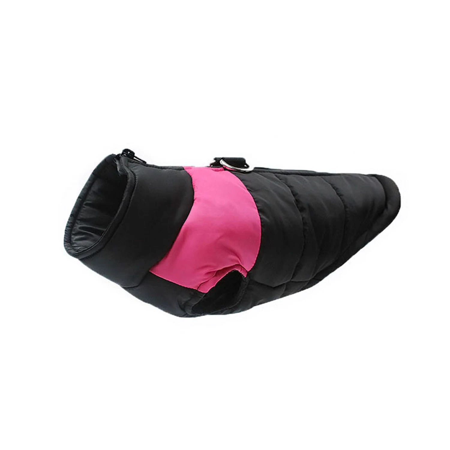 Black and pink quilted pet coat with a zipper on a white background