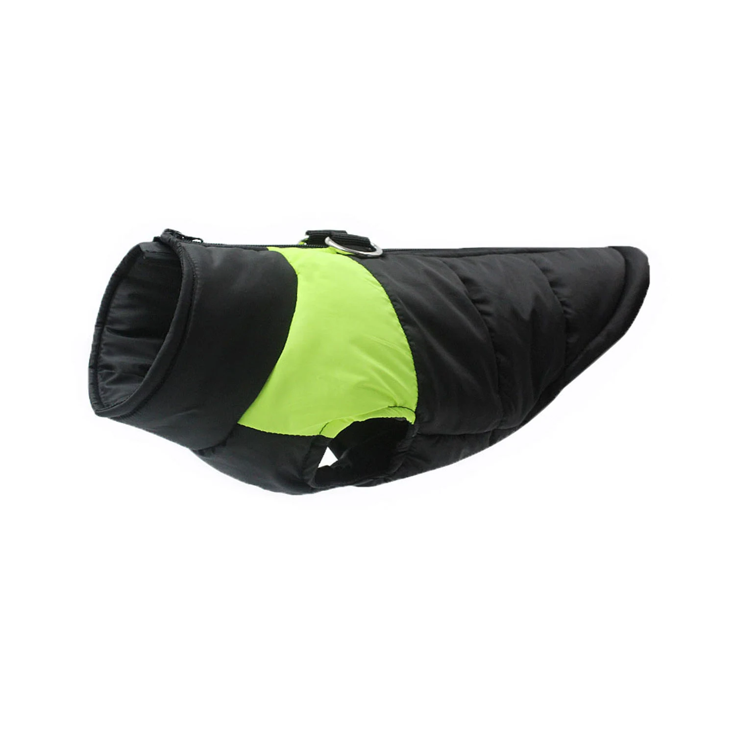 Black and neon green quilted pet jacket on white background