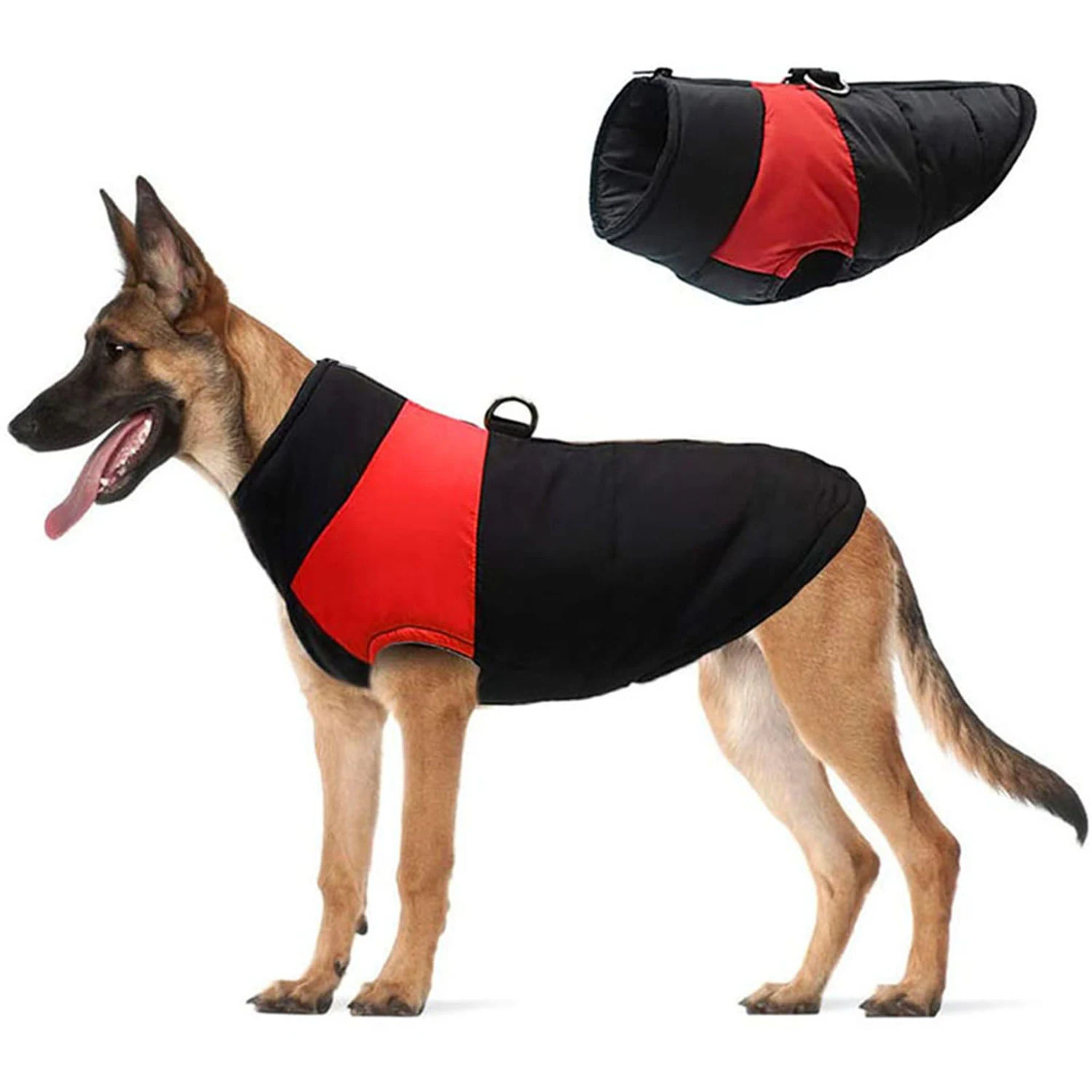 A German Shepherd wearing a black and red coat with a matching product inset on a white background