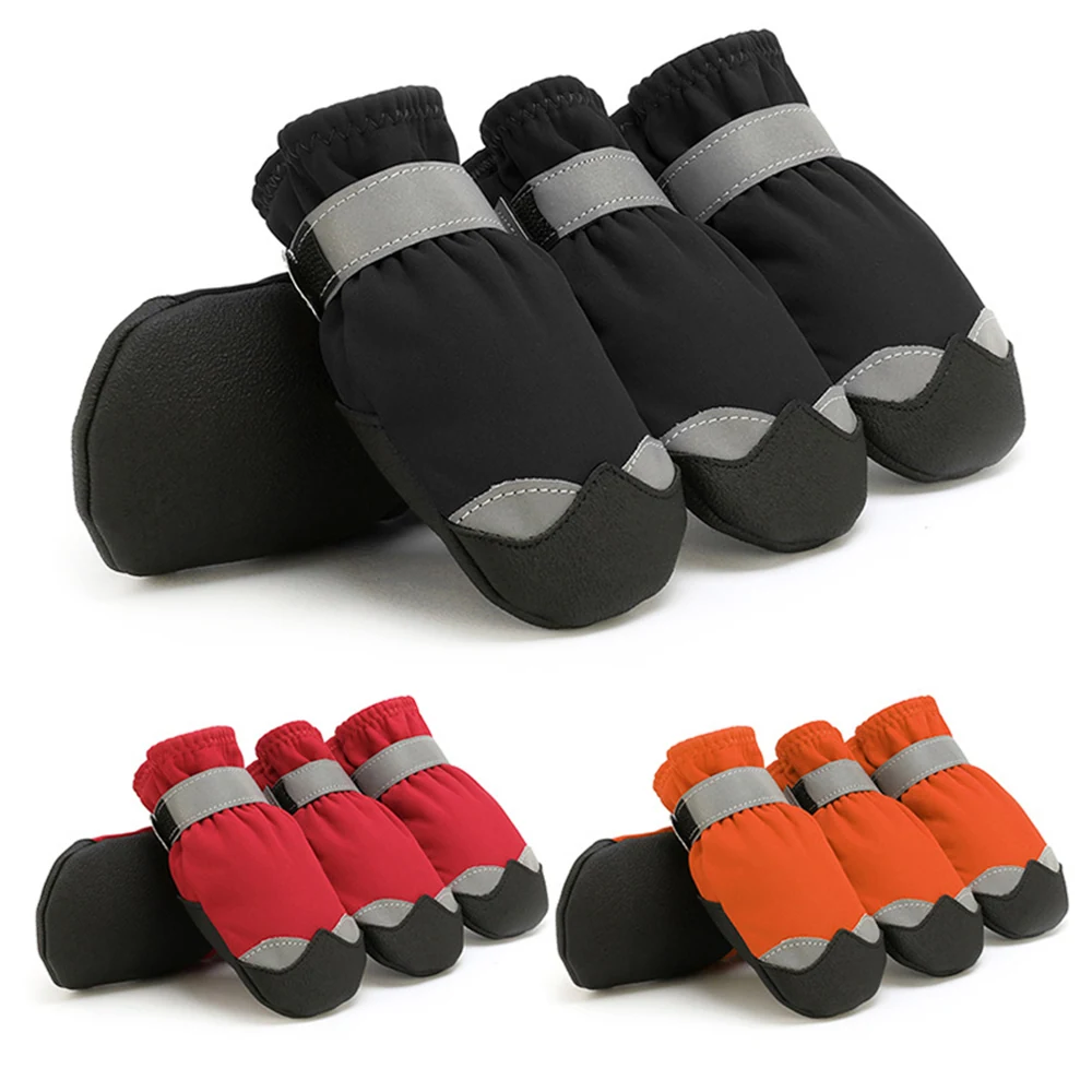 Four sets of dog boots in black, red, and orange displayed in a composite layout