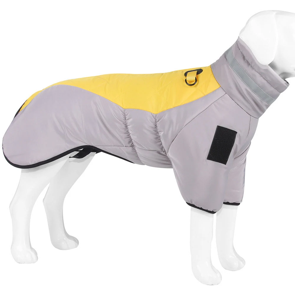 Gray and yellow quilted dog jacket on a white mannequin