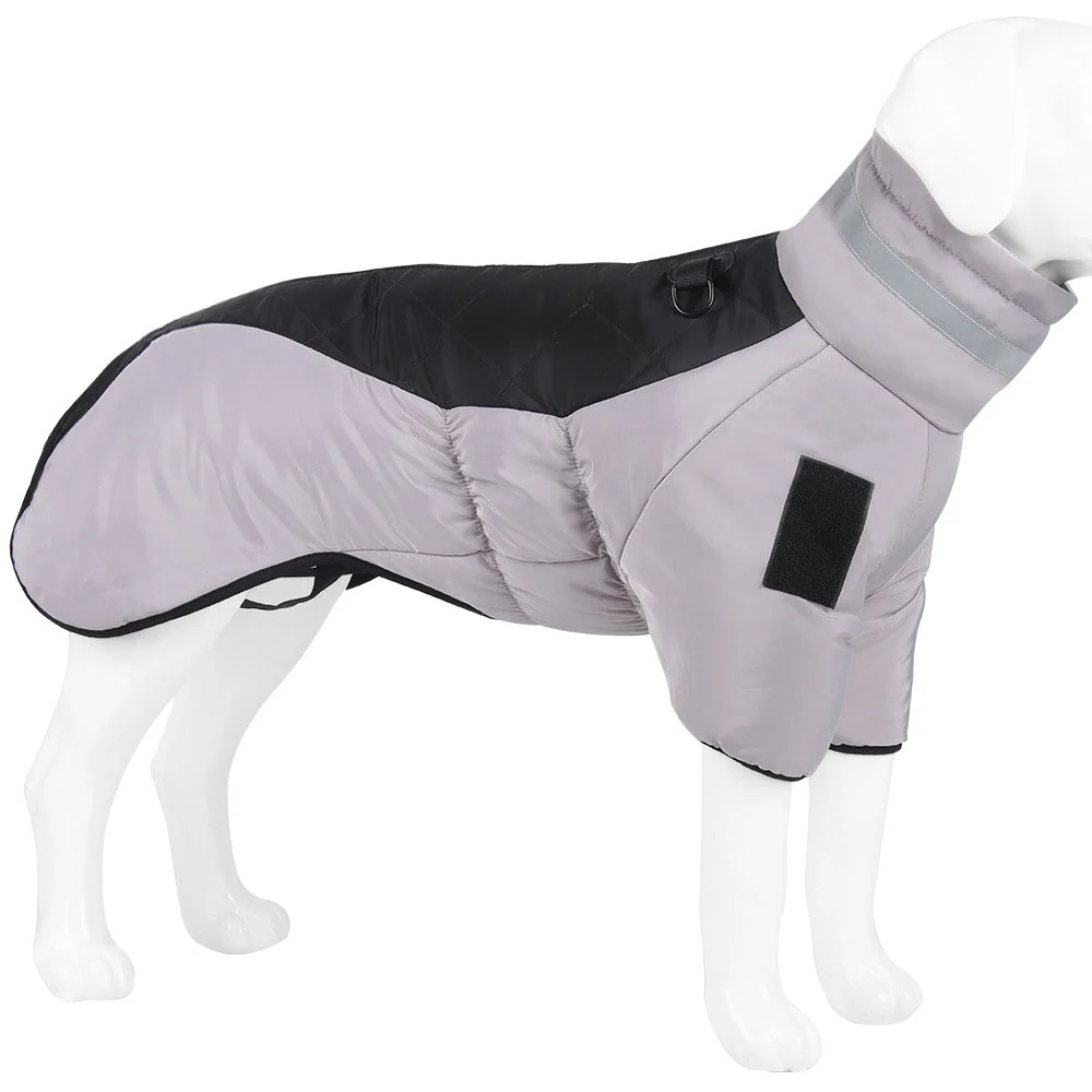 Gray and black padded dog coat with reflective collar displayed on a white mannequin