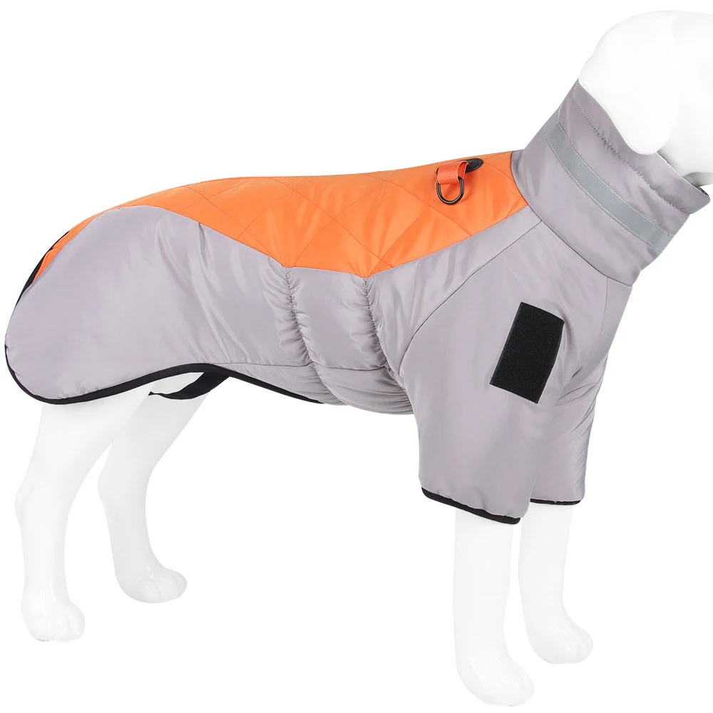 Gray and orange quilted dog coat with high collar and black trim displayed on a white mannequin.