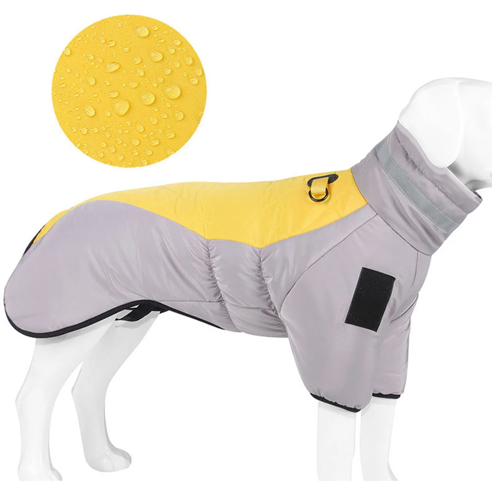 Yellow and grey dog raincoat on a mannequin