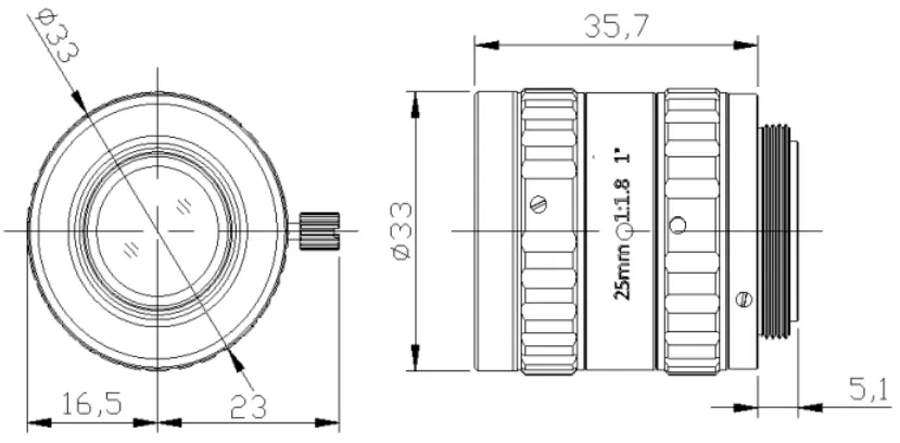 1" 10MP Focal Lens Dimensions(mm)