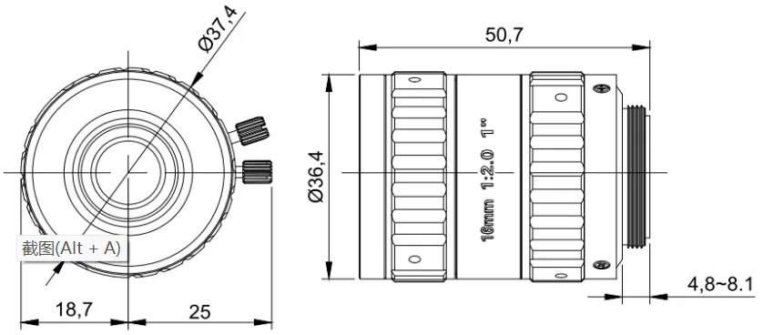1" 10MP Focal Lens Dimensions(mm)