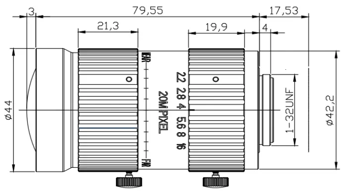 1.1" 20MP Focal Lens Dimensions(mm)