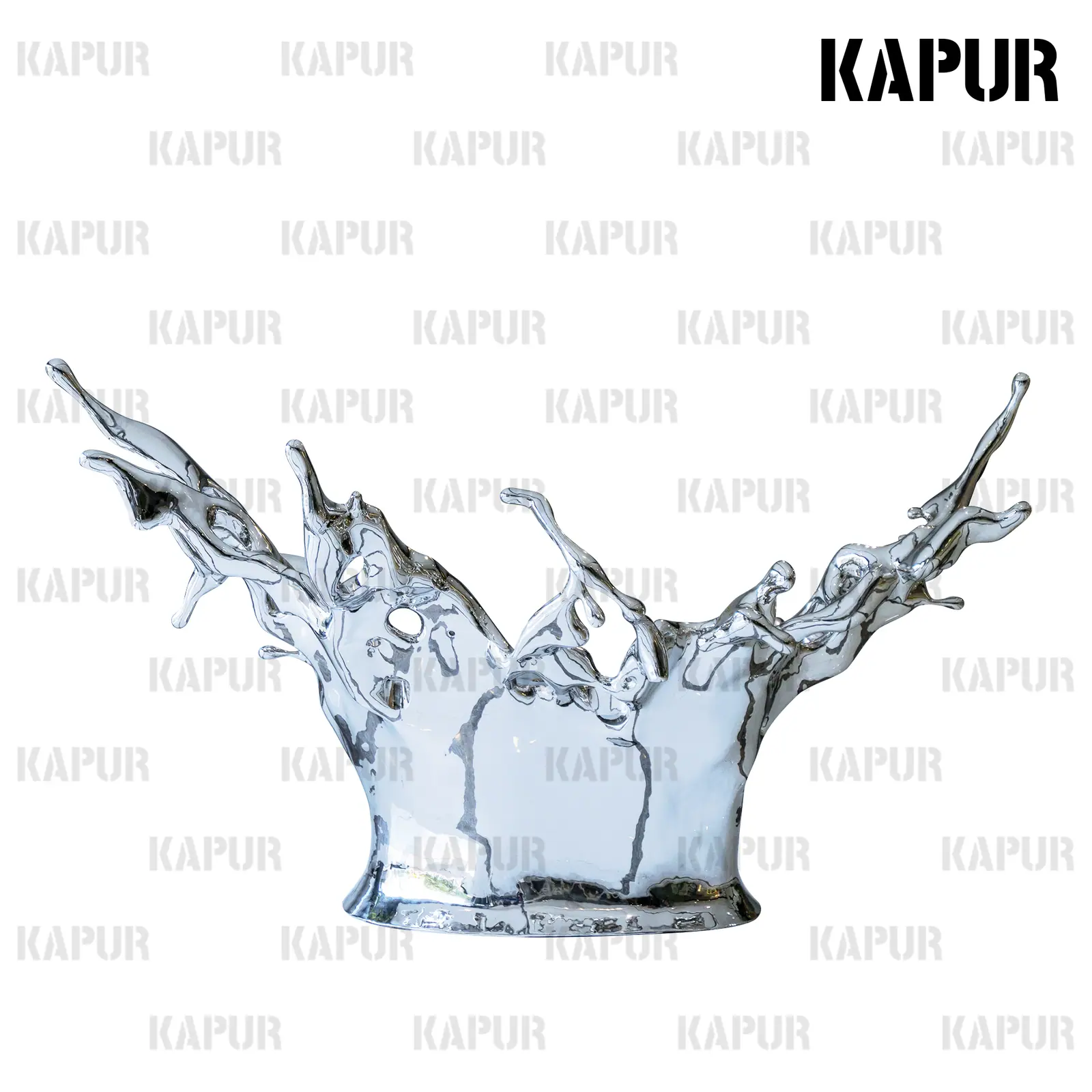 Polished stainless steel water splash table sculpture with flowing water in an outdoor plaza setting