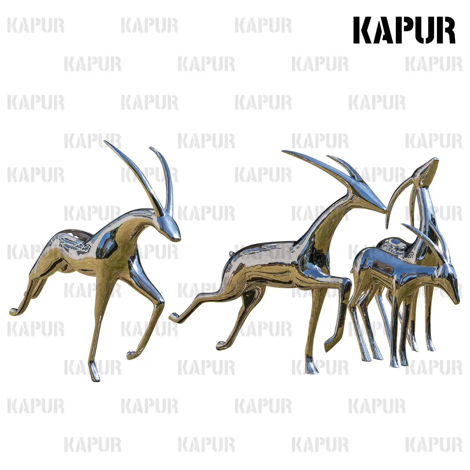 Polished stainless steel deer sculpture standing in a garden lawn, viewed from the front