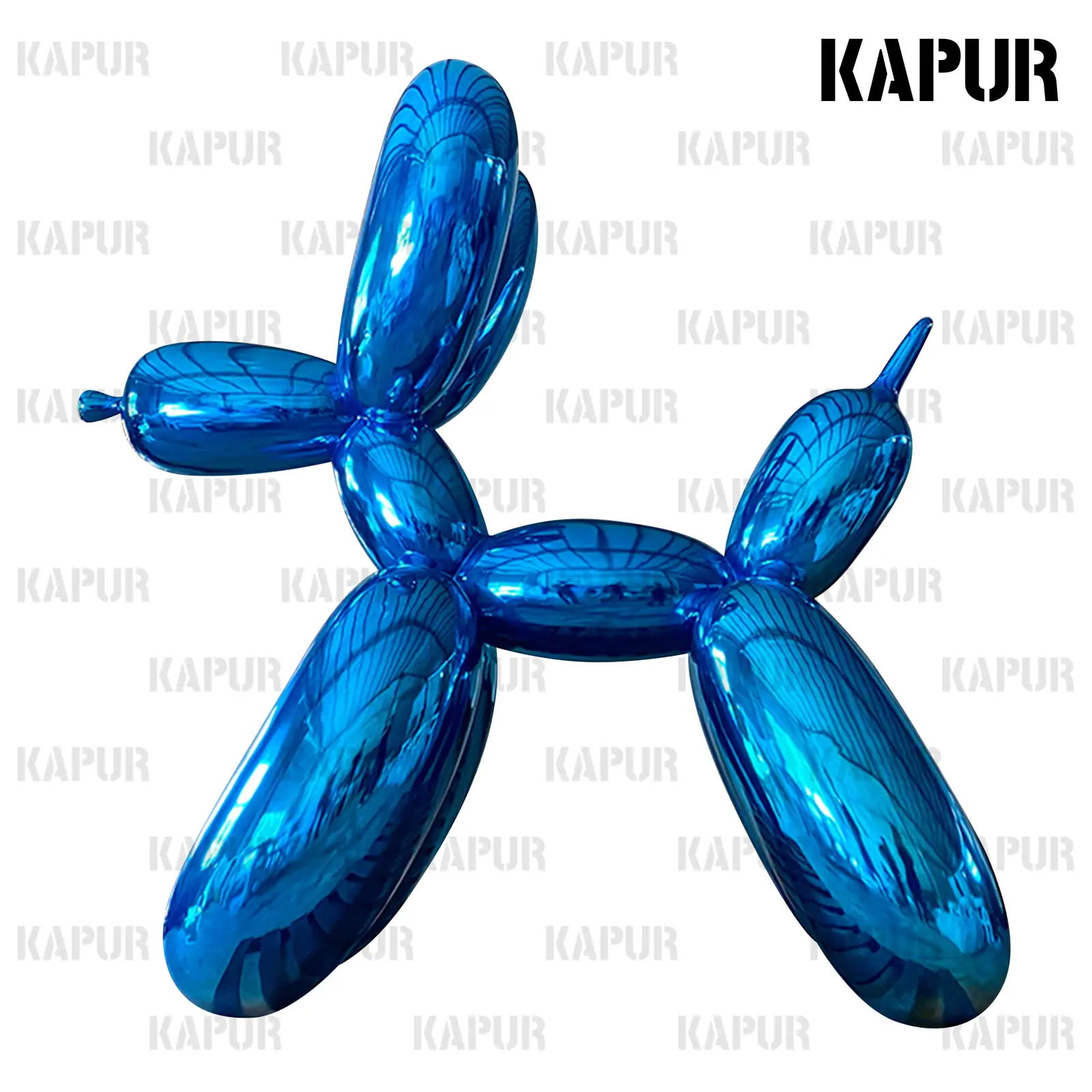 Polished stainless steel balloon dog sculpture standing on a paved outdoor plaza, reflecting the sky and surrounding architecture
