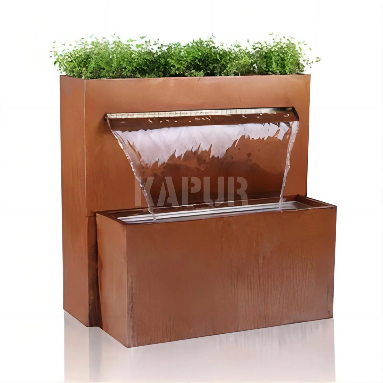 Corten steel waterfall fountain sculpture in an outdoor garden setting with water flowing down textured rusted surfaces